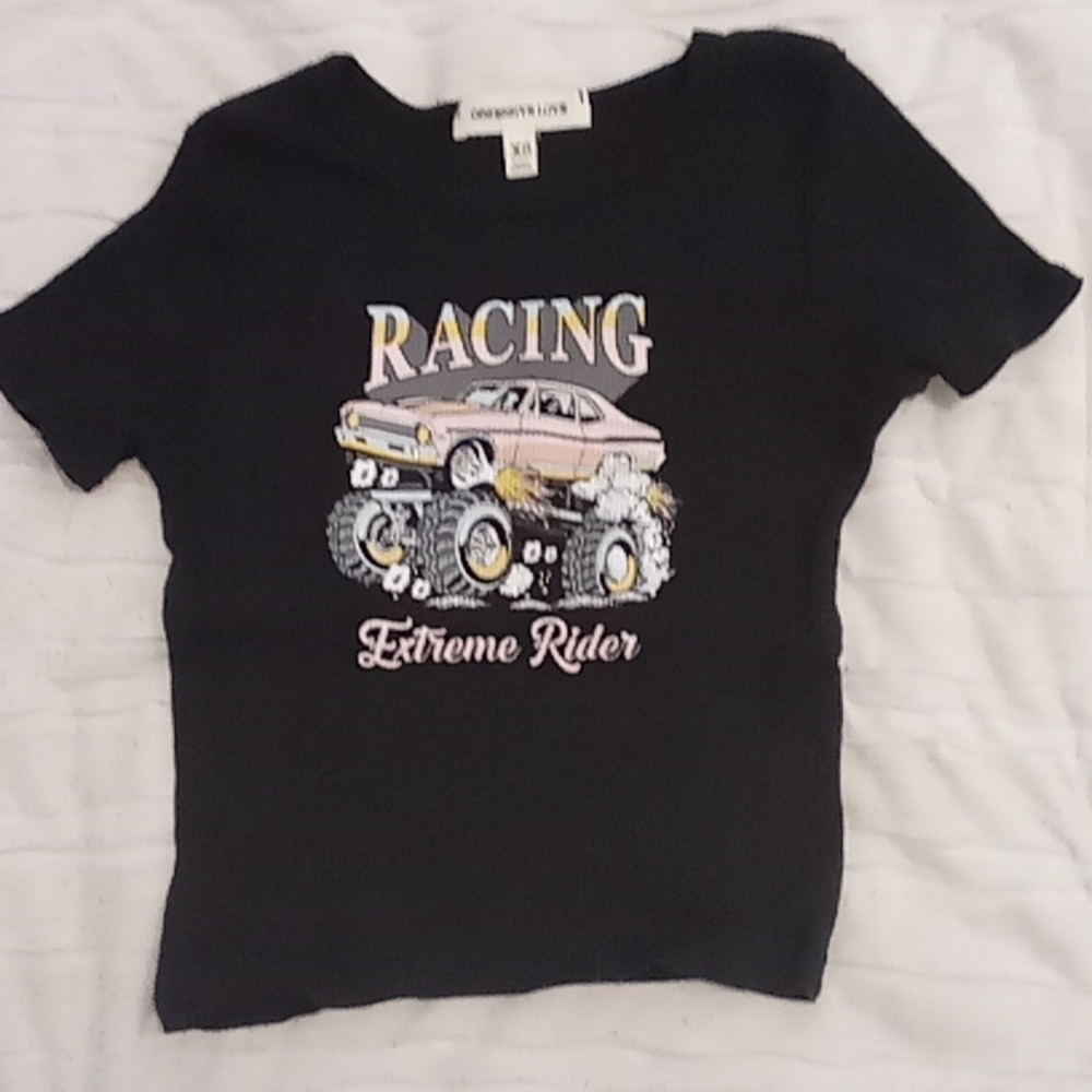 Black tee with monster truck and pastel colora